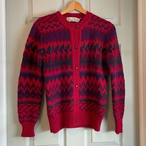Jade Imported Sportswear Red Patterned Women's Medium Vintage Cardigan Sweater